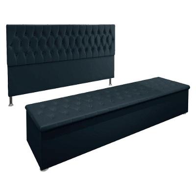 Kit Cabeceira E Calçadeira Baú King 1,95m Madrid Suede - Pallazio Cor Azul Marinho