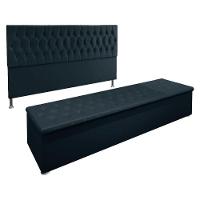 Kit Cabeceira E Calçadeira Baú King 1,95m Madrid Suede - Pallazio Cor Azul Marinho - 1