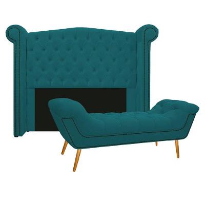 Kit Cabeceira Calçadeira Veneza 140cm Suede Azul Turquesa