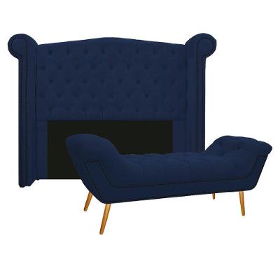 Kit Cabeceira Calçadeira Veneza 195cm Suede Azul Marinho