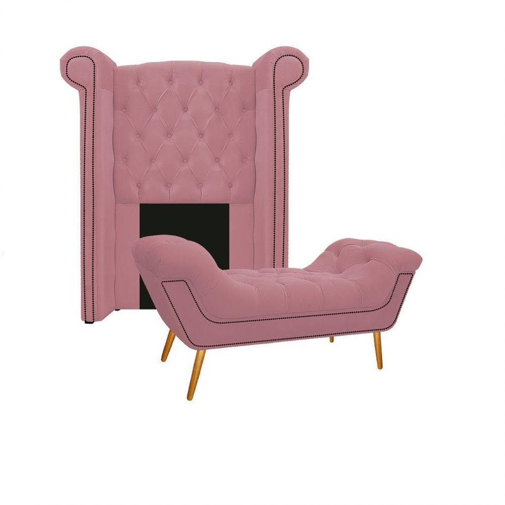 Kit Cabeceira Calçadeira Veneza 100cm Suede Rosa Bebê - 1