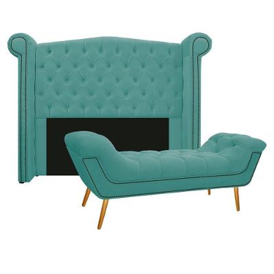 Kit Cabeceira Calçadeira Veneza 195cm Suede Azul Tiffany