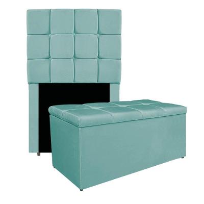 Kit Cabeceira E Calçadeira Manchester 90 Cm Solteiro Suede - Amarena Móveis Cor Azul Tiffany