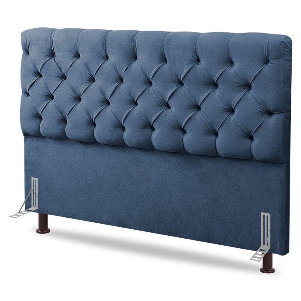 Cabeceira Cama Box Solteiro Lylla 90cm Capitonê Com Frame Linho Azul - Desk Design - 1