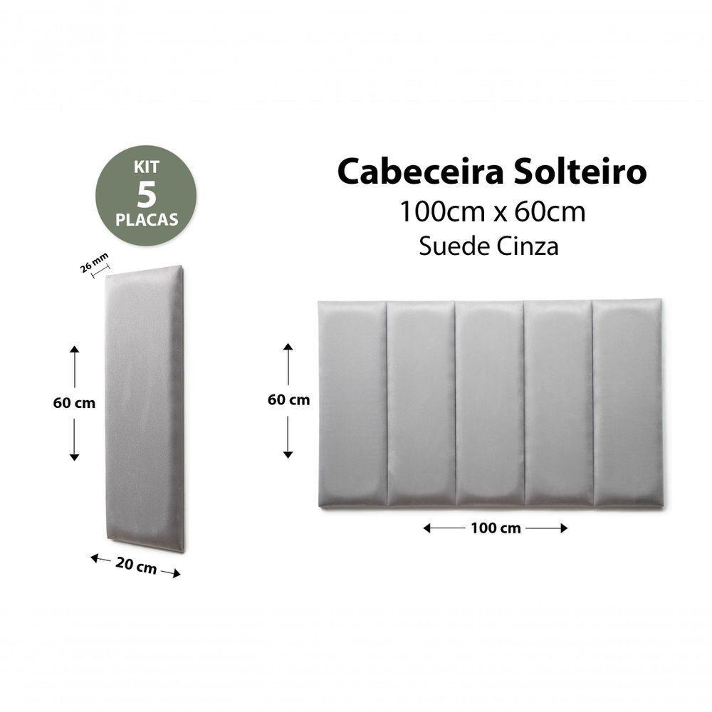 Placas Cabeceira Solteiro 100cm X 60cm 5 Placas Suede Cinza - 2