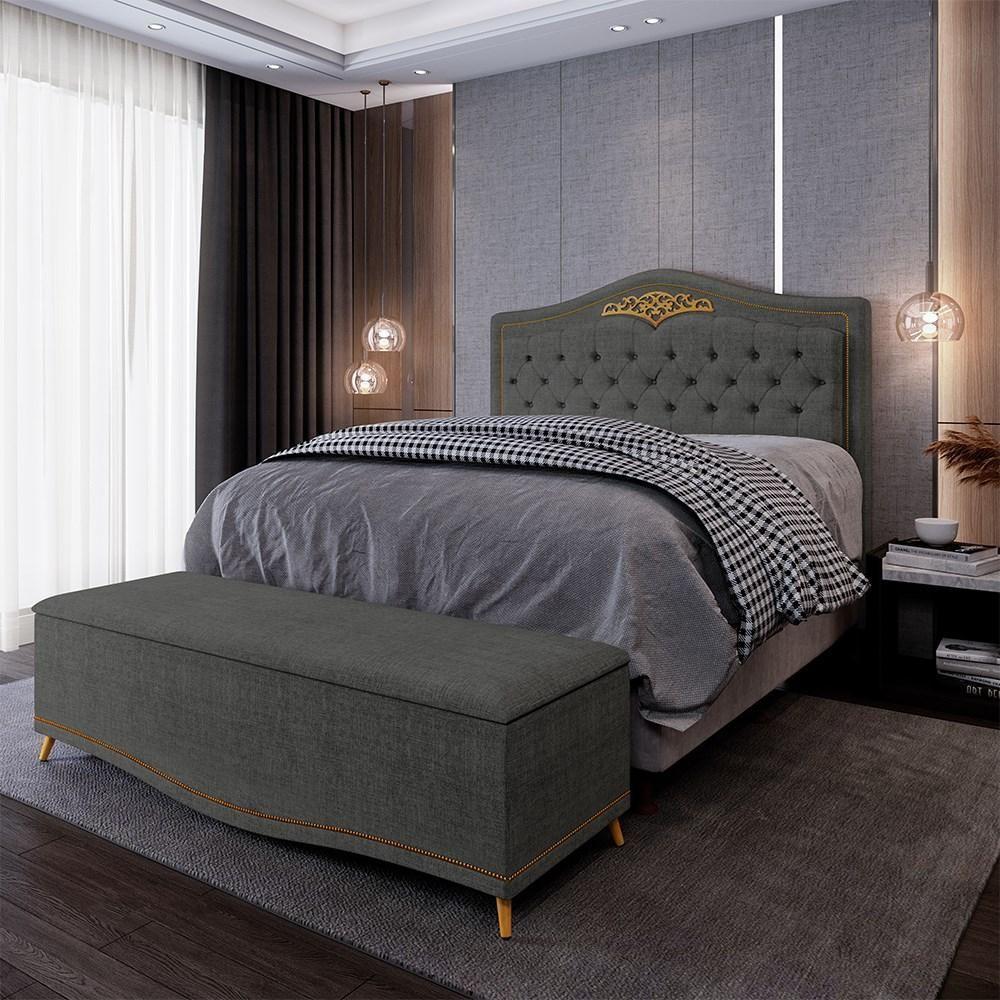 Cabeceira Cama Box Casal Queen 160Cm Com Calçadeira Baú Imperial J02 Linho Grafite - 5