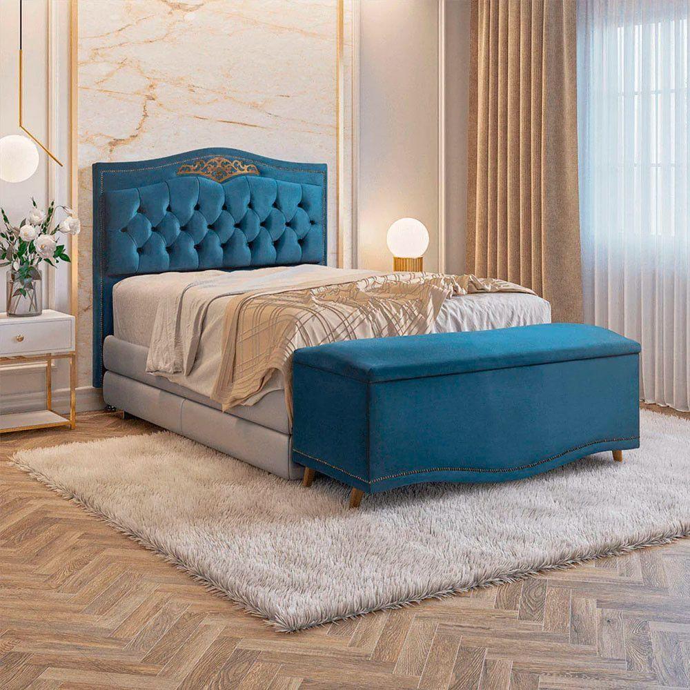 Conjunto Cabeceira E Calçadeira Holanda 140 Cm Veludo Luxor Azul Speciale Home Azul - 8