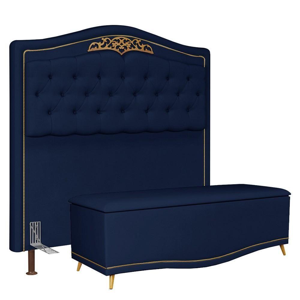 Cabeceira Cama Box Casal Queen 160Cm Com Calçadeira Baú Imperial Veludo J02 Azul - 1