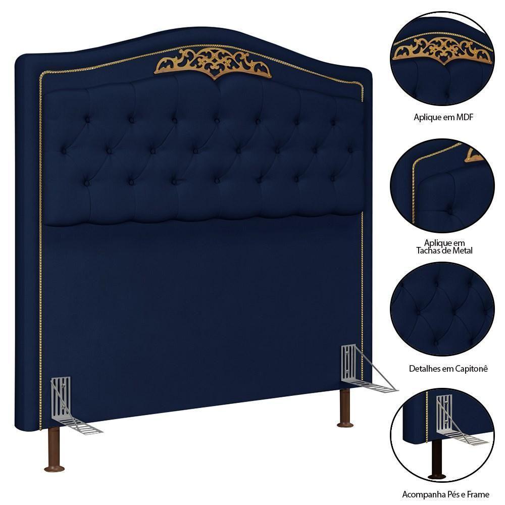 Cabeceira Cama Box Casal Queen 160Cm Com Calçadeira Baú Imperial Veludo J02 Azul - 3