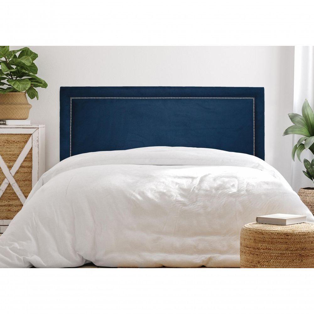 Cabeceira Casal Reta Luxo 140x60 Suede Azul - Tachas Prata - 1