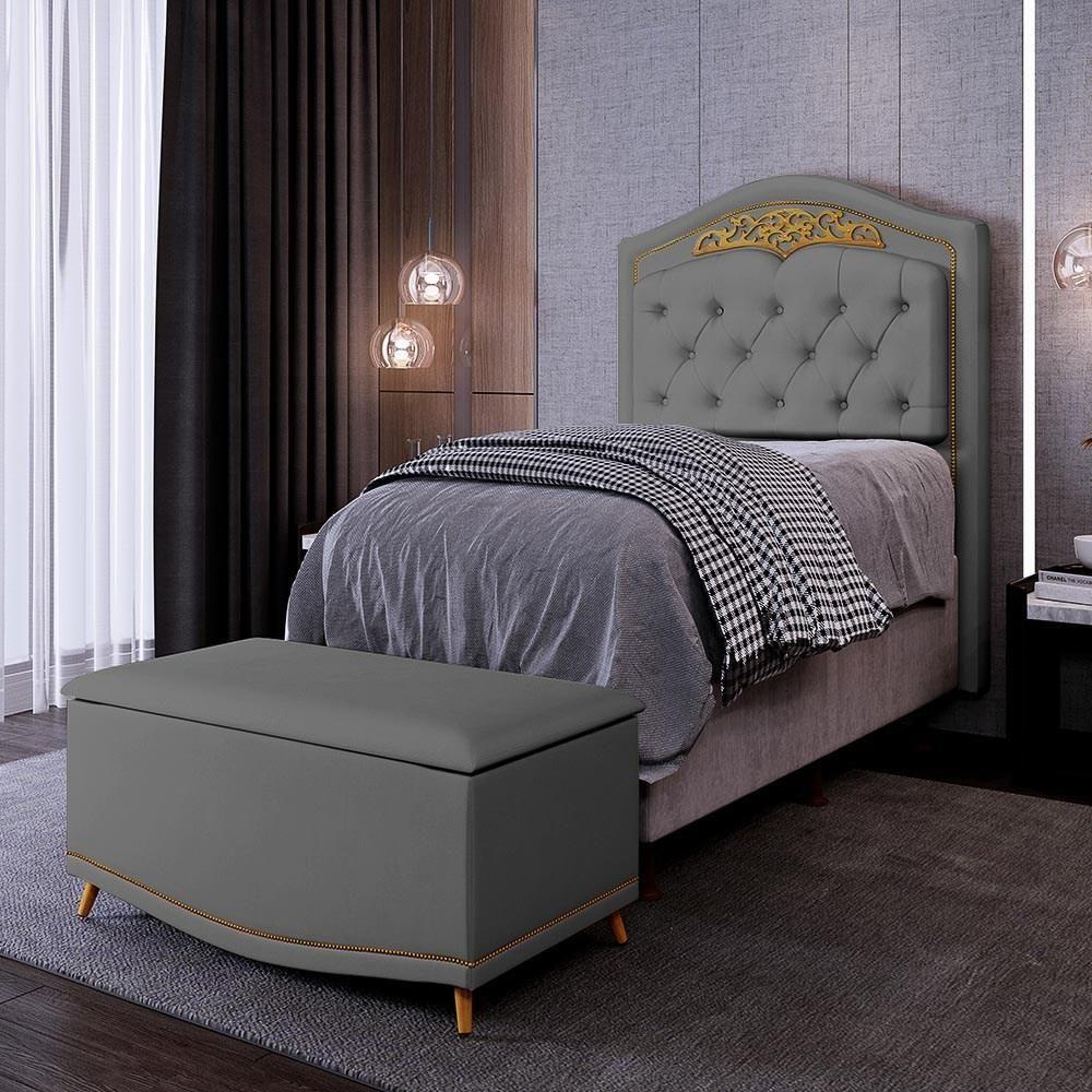 Cabeceira Cama Box Solteiro 90Cm Com Calçadeira Baú Imperial J02 Veludo Cinza - 4