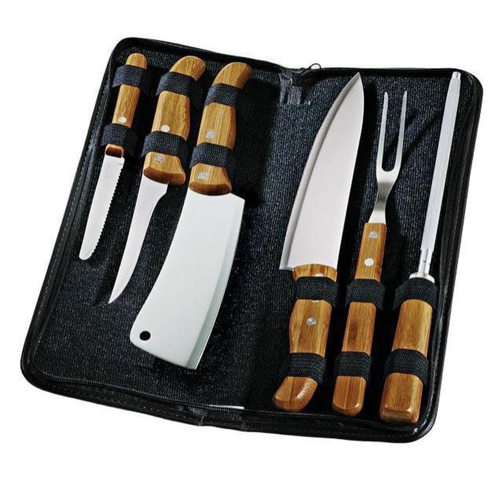 Conjunto de Facas Welf FrankFurt PB00213 Inox e Bambu 7 Peças Estojo com Zíper Inclui Cutelo - 1