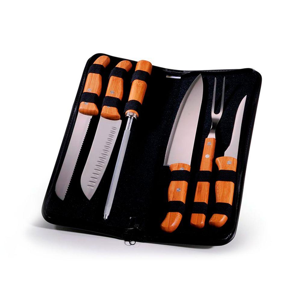 Conjunto De Facas Inox/Bambu Com Estojo Frankfurt - 7 Pçs Welf - 1