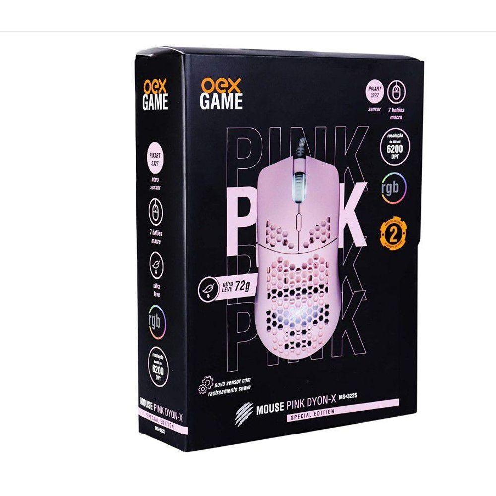 Mouse Gamer Ultra Leve - Dyon-X Ms322S - Rgb - 7 Botoes - 6200 Dpi Rosa - 3