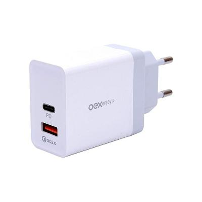 Carregador De Tomada Turbo Com Entrada Usb E Usb-C Oex Cg203 - 36W Branco