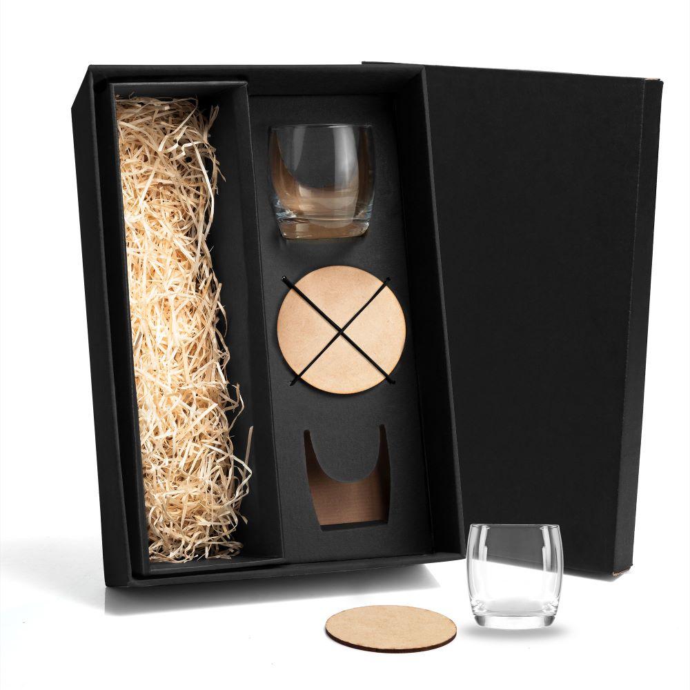 Jogo De Copos De Vidro P/ Whisky 330 Ml Com Porta Copo - 4 Pçs  Welf - 1