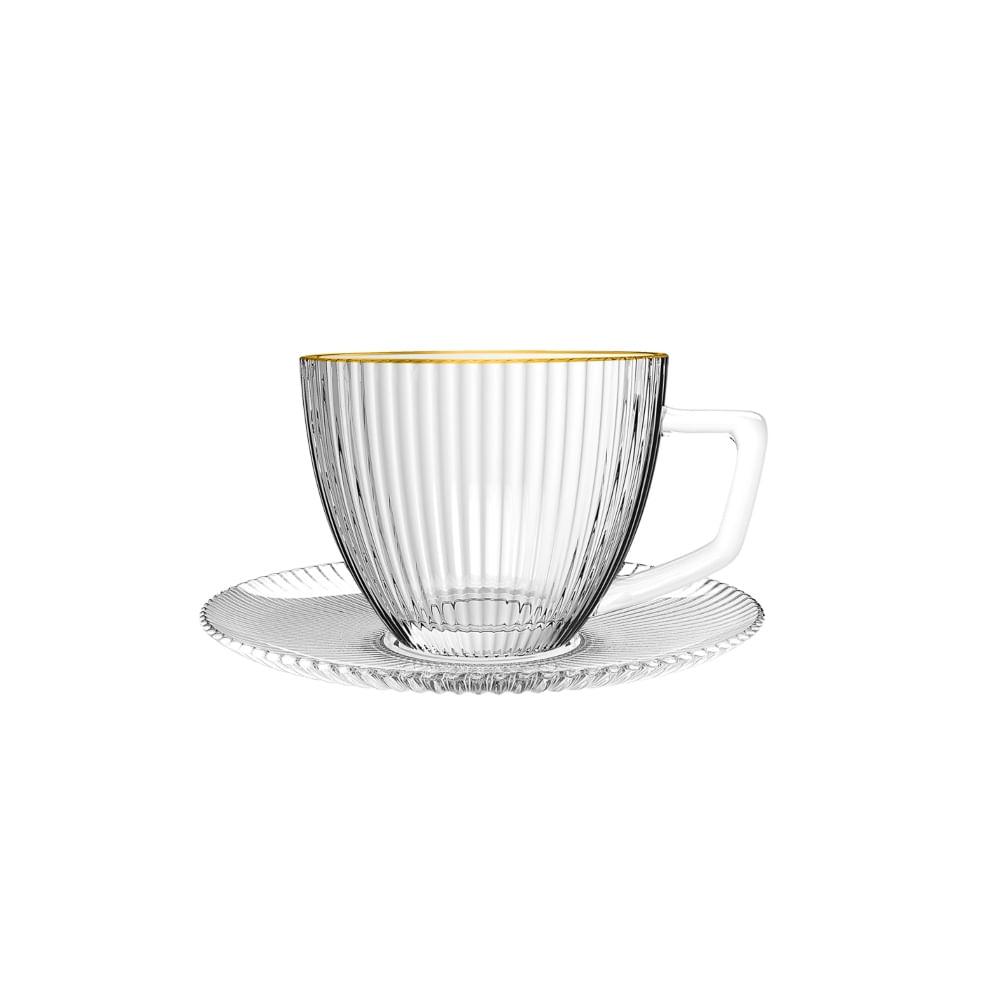 Xícara Café com Pires de Vidro Graffiato com Borda Dourada 90 ml 6 Peças - 1