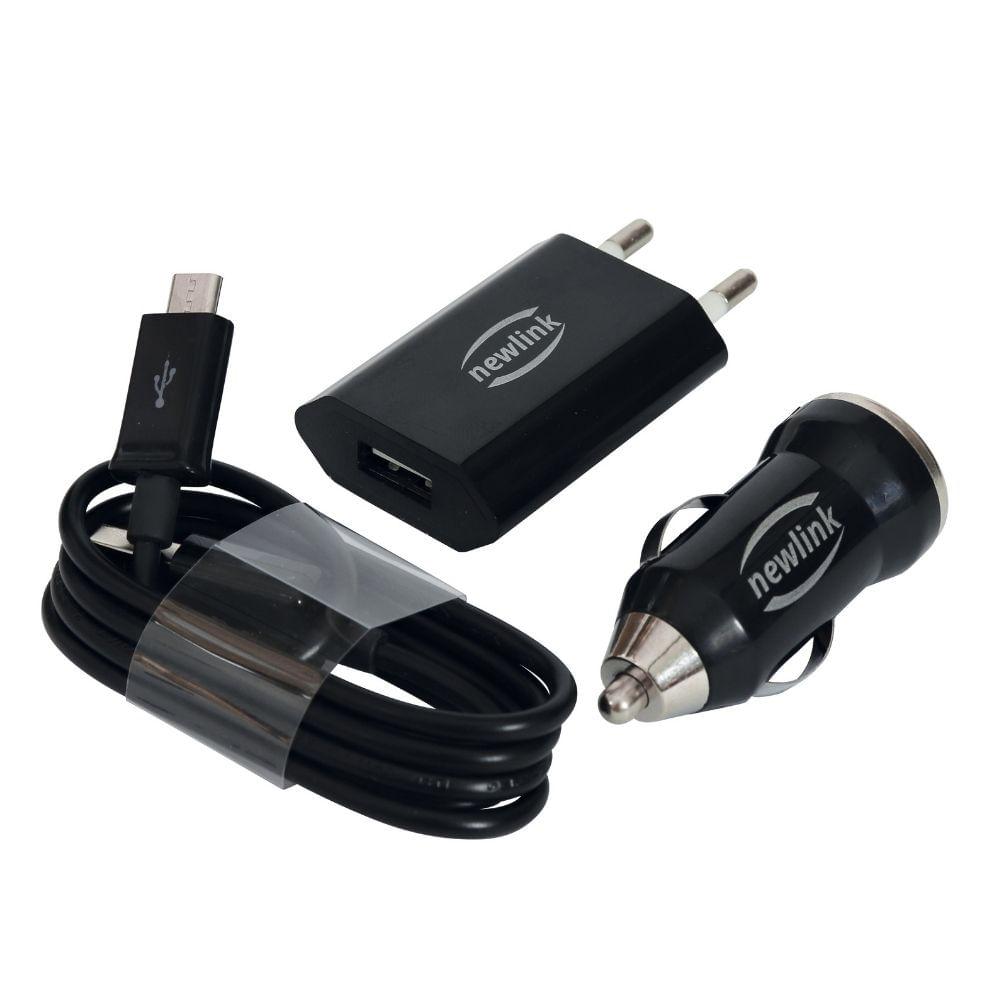 Kit Carregadores Micro Usb Automotivo E Tomada Newlink Kt100 Preto - 1