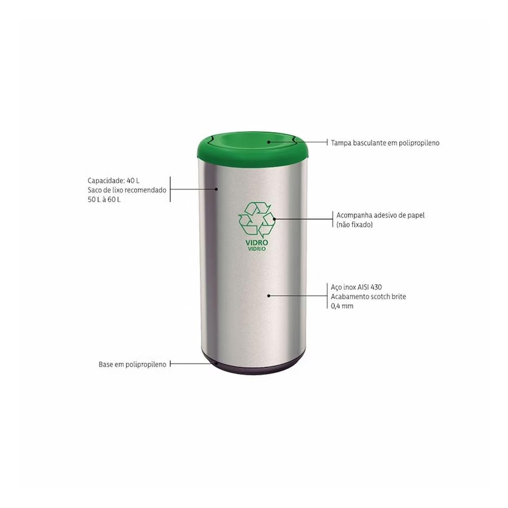 Lixeira Inox com Verde Cápsula Selecta Plus Basculante 40 L - 2