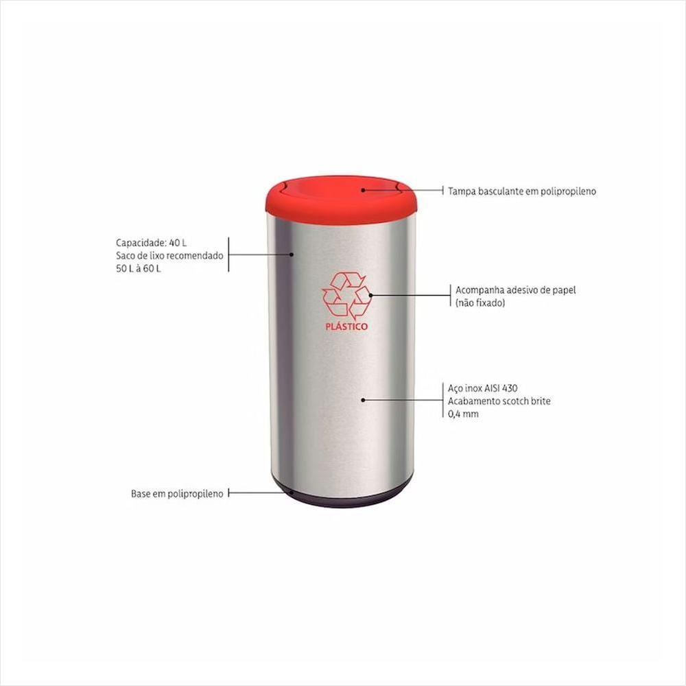 Lixeira Inox com Vermelho Cápsula Selecta Plus Basculante 40 L Tramontina - 2