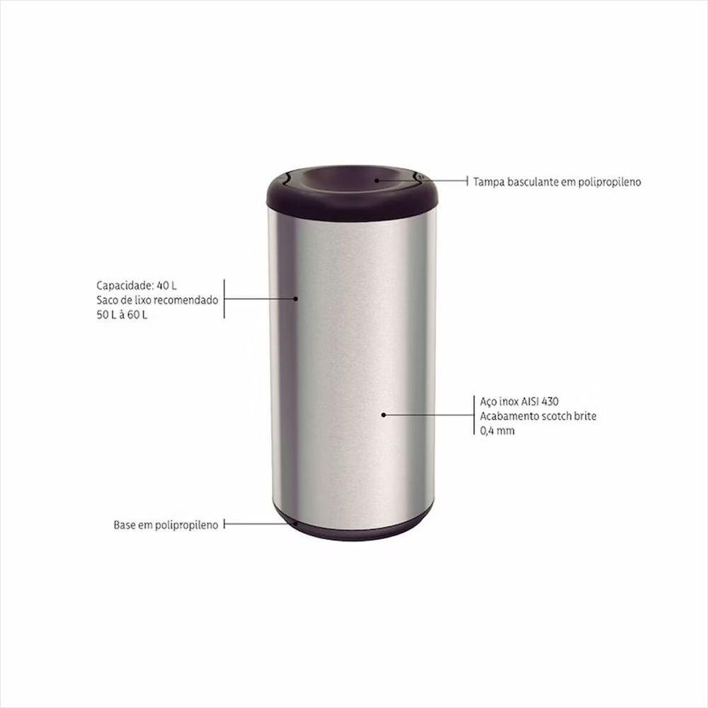 Lixeira Inox com Preto Cápsula Selecta Plus Basculante 40 L Tramontina - 2
