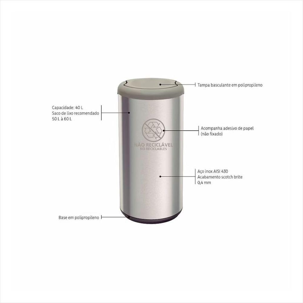 Lixeira Inox com Cinza Cápsula Selecta Plus Basculante 40 L Tramontina - 2