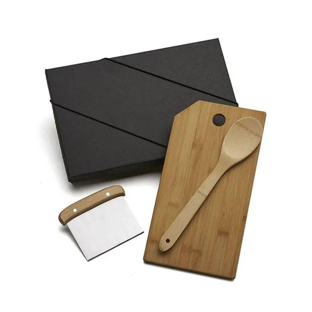 Kit Para Cozinha Em Bambu - Inox Com Espátula Multiuso - 3 Peças - 1