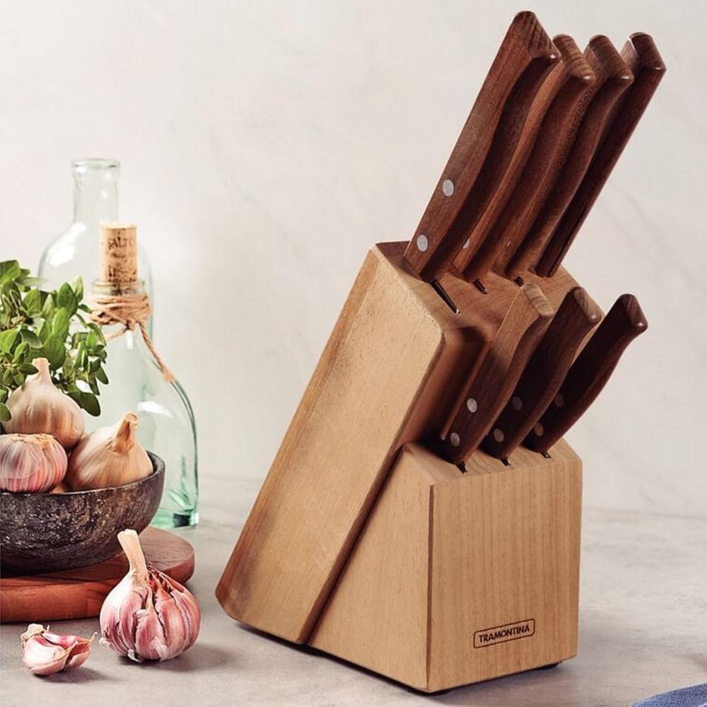 Jogo de Facas Tramontina Tradicional Inox e Cabos Madeira com Suporte 8 Peças - 2