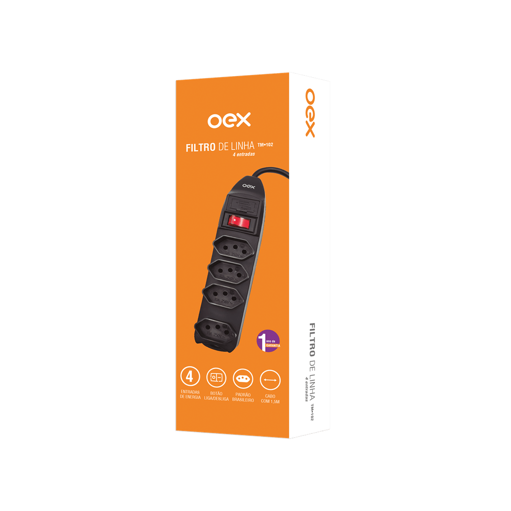 Filtro De Linha Régua Extensão 4 Entradas 1,5M Preto Tm102 OEX - 2