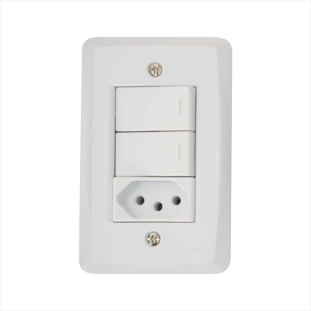 Conjunto 4x2 com 2 Interruptores Paralelos 10 A 250 V e 1 Tomada 2P+T 10 A 250 V Tramontina Lux2 Branco - 1