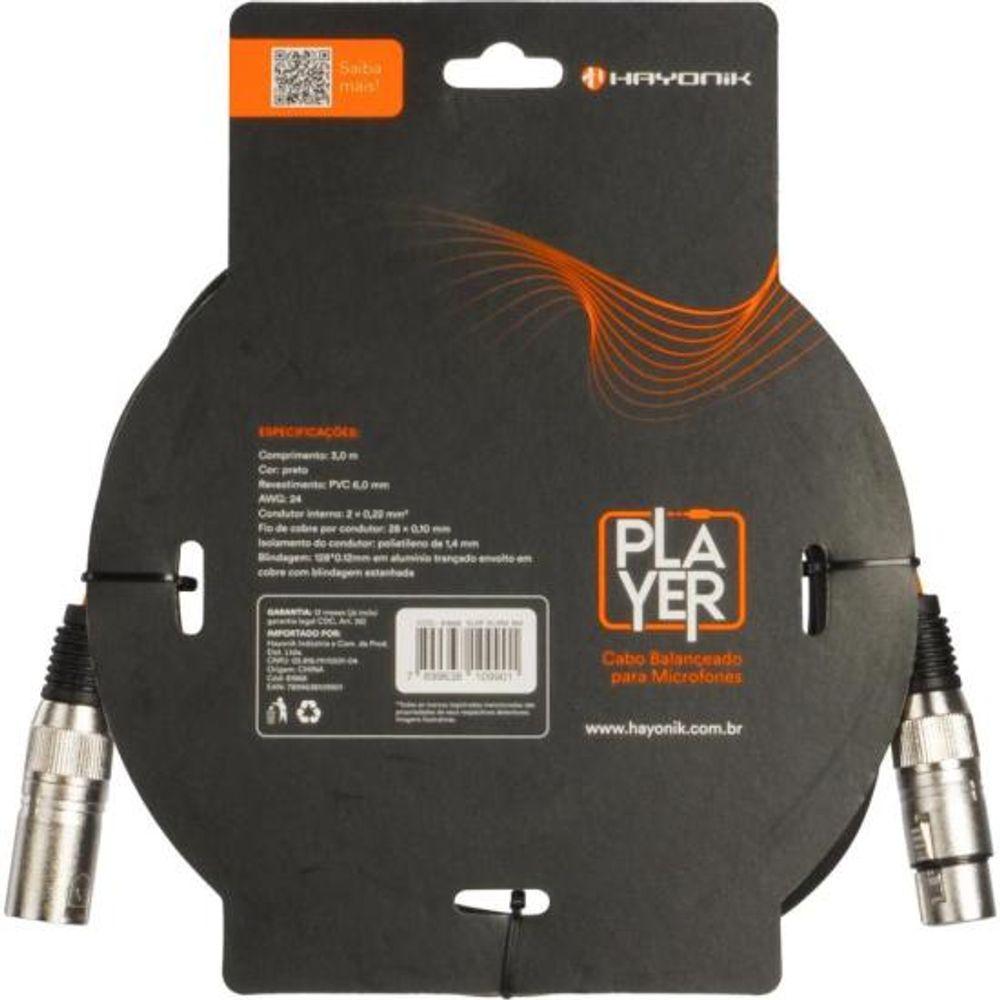 Cabo Para Microfone Player XLR(F) x XLR(M) 3m Preto Hayonik - 2