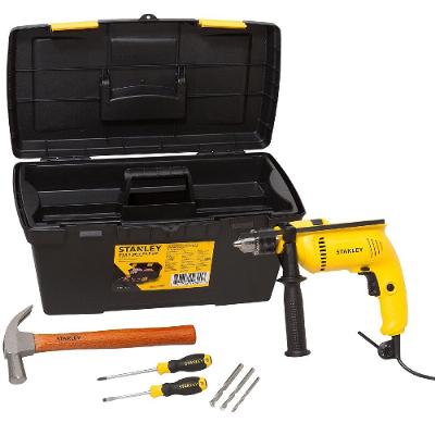 Kit Furadeira Impacto 600W 220V C/ 3 Brocas Concreto  2 Chaves Fenda  Martelo  Caixa Stanley