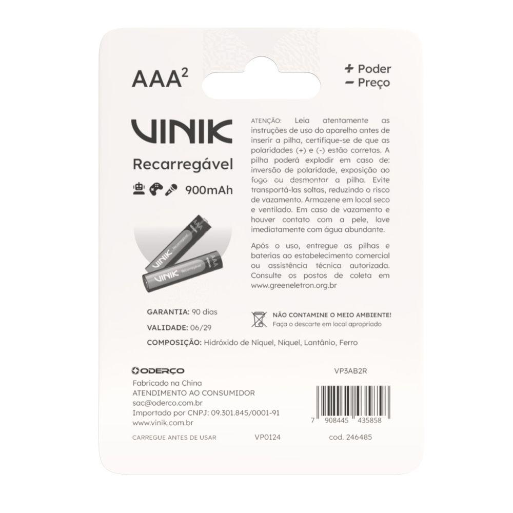Pilha Recarregavel AAA Vinik 900mAh 1.2V Kit 2 Unidades - 6