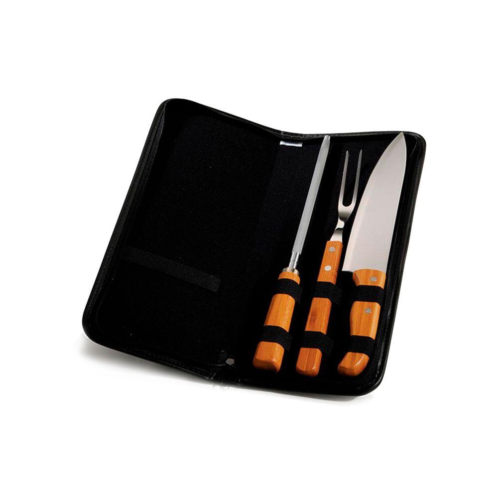 Conjunto Garfo, Faca E Chaira Inox / Bambu Com Estojo Frankfurt - 4 Pçs Welf - 1