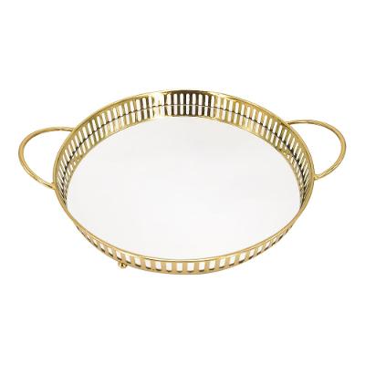 Bandeja Redonda Espelhada com Alça 36cm Dourada Adely Decor