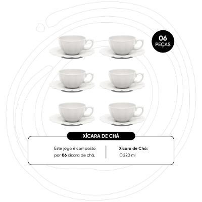Jogo de 6 Xícaras de Chá Grande 220ml c/ Pires Flora Camélia
