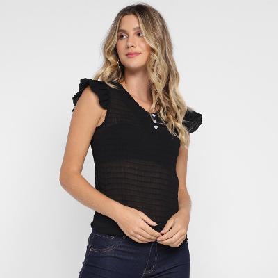 Blusa Dom Fashion Decote V Manga Curta Babado Feminina