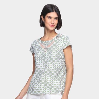 Blusa Dom Fashion Decote Recorte Tule Estampada Feminina