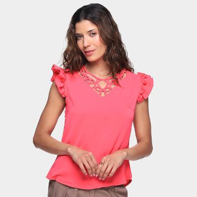 Blusa Dom Fashion Decote Recorte Manga Babado Feminina