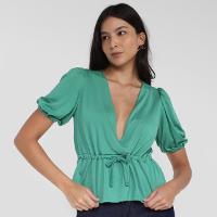 Blusa Dzarm Decote V Com Cordão Manga Elástico Feminina - 1