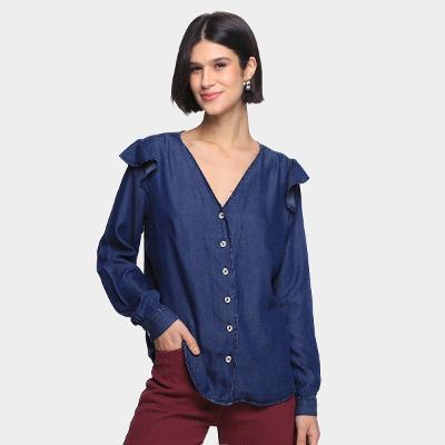 Blusa Cambos Babado Ombros Maga Longa Feminina