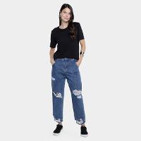 Calça Jeans Mom Sawary Rasgos Cintura Alta Feminina