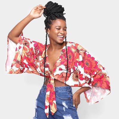 Blusa Cropped Oh Boy Amarração Manga Ampla Feminina