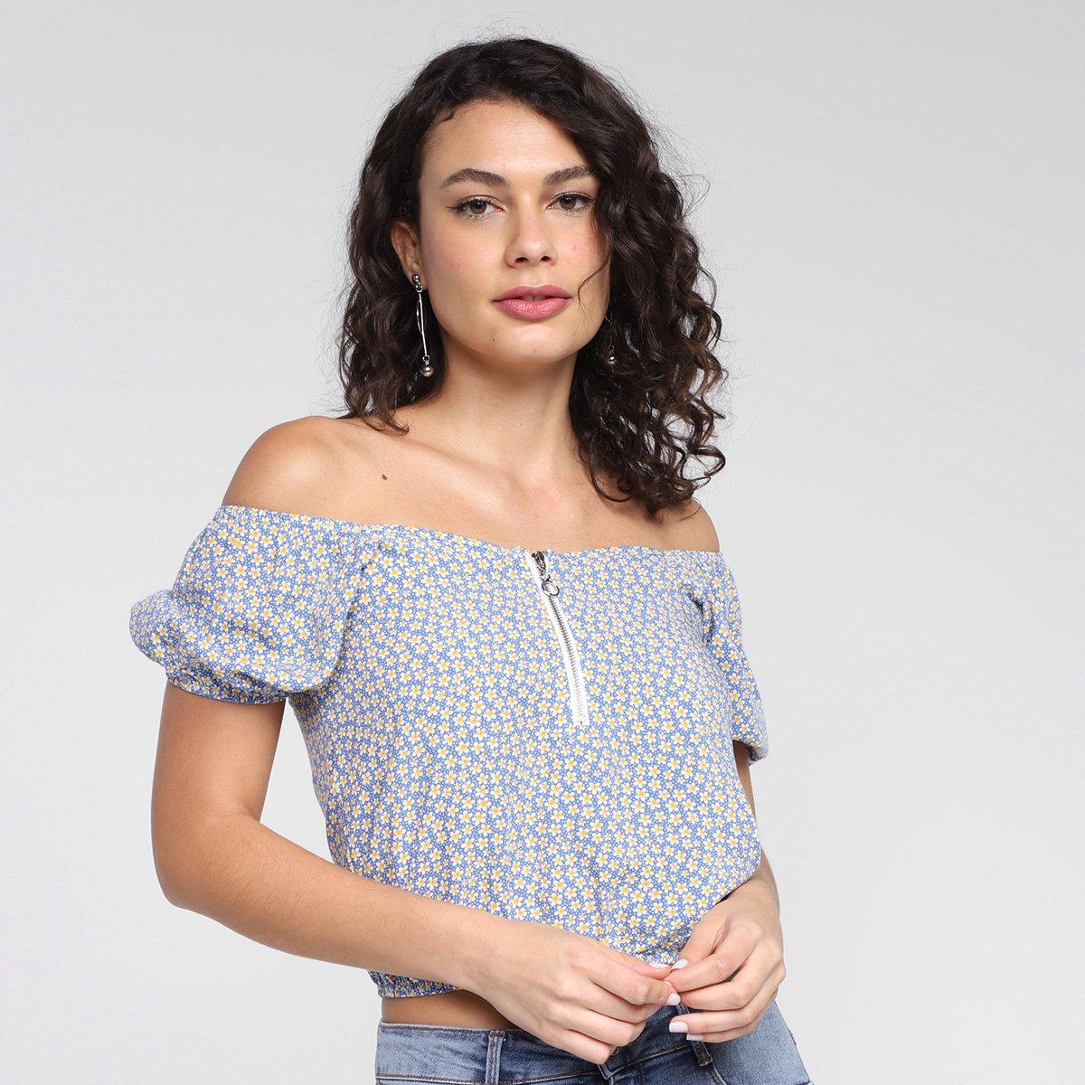 Blusa Lecimar Ombro a Ombro Zíper Floral - 1