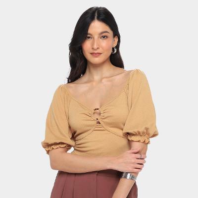 Blusa Lecimar Cropped Princesa Com Argola Manga 3/4 Feminina