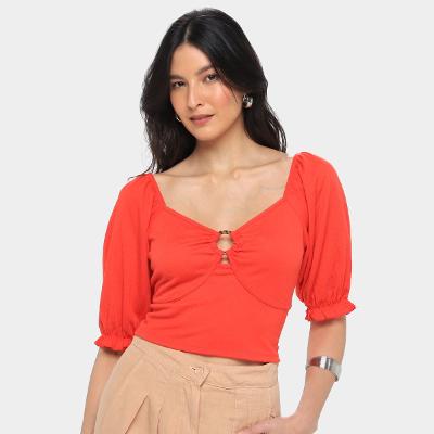 Blusa Lecimar Cropped Princesa Com Argola Manga 3/4 Feminina