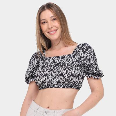 Blusa Cropped My Favorite Things Manga Bufante Ombro a Ombro Feminina