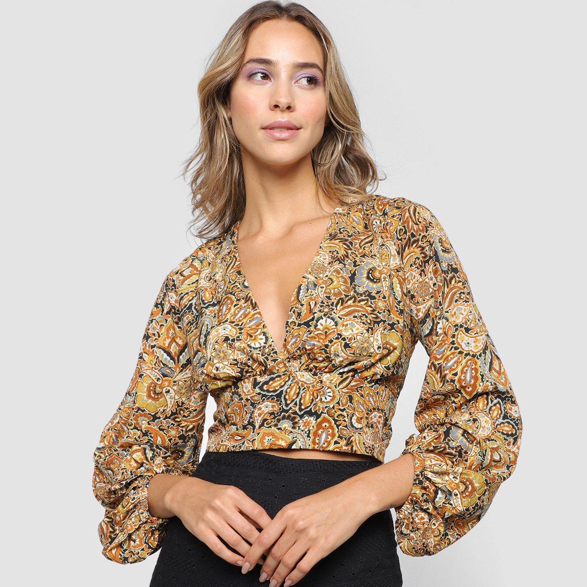 Blusa All Is Love Paisley Cropped Decote V Feminina - 1