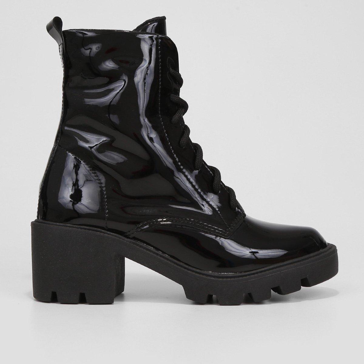 Bota Coturno Cano Curto Look Fashion Verniz Tratorada Feminina - 1