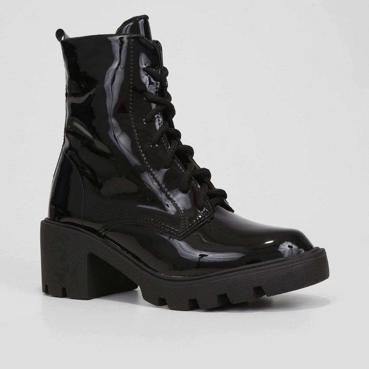 Bota Coturno Cano Curto Look Fashion Verniz Tratorada Feminina - 3